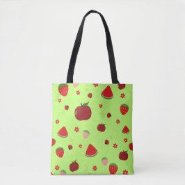 Kawaii Rode Vruchtenpatroon in Lime Groen Tote Bag