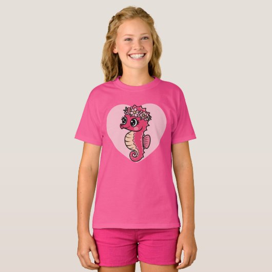 Kawaii Rode Zeepaardje op Hart T-shirt (Voorkant volledig)