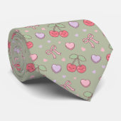 Kawaii Rode Zoete Kersen Patroon Stropdas (Opgerold)