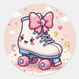 Kawaii Roller Cutie – Pastel Schaats met Strikken Ronde Sticker