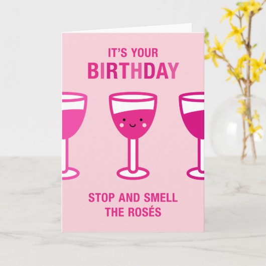 Kawaii Roos Wine Birthday Kaart (Gele Bloem)