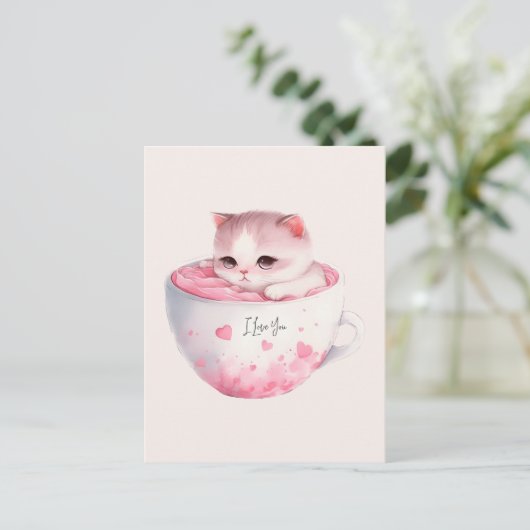 Kawaii Roze Chibi Cat met een teugelkruid Briefkaart (Staand voorkant)