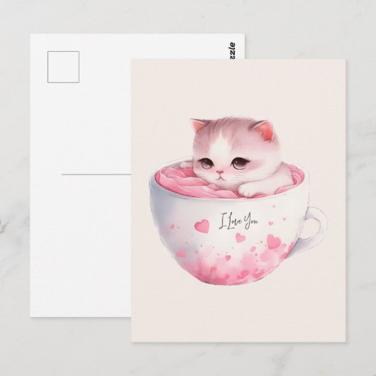 Kawaii Roze Chibi Cat met een teugelkruid Briefkaart (Voorkant / Achterkant)