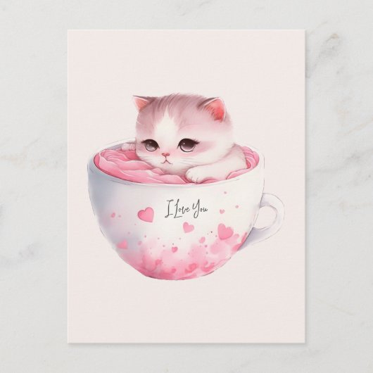 Kawaii Roze Chibi Cat met een teugelkruid Briefkaart (Voorkant)