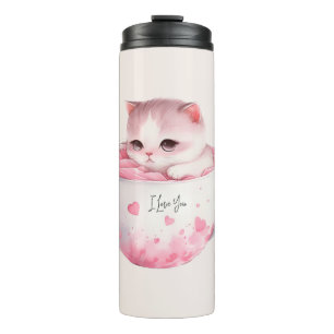 Kawaii Roze Chibi Cat met een teugelkruid Thermosbeker