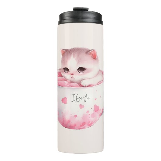 Kawaii Roze Chibi Cat met een teugelkruid Thermosbeker (Voorkant)