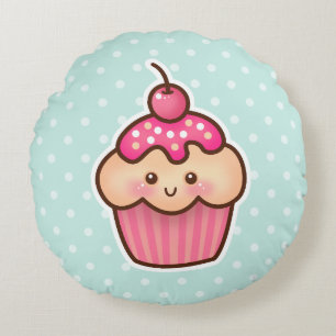 Kawaii Roze Cupcake en de Leuke Blauwe Stippen van Rond Kussen