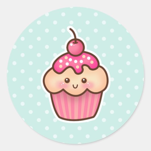 Kawaii Roze Cupcake en de Leuke Blauwe Stippen van Ronde Sticker (Voorkant)