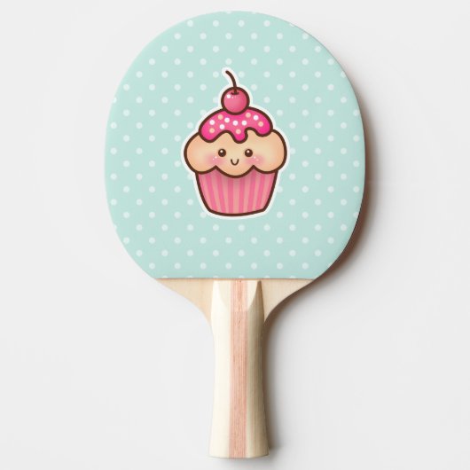 Kawaii Roze Cupcake en de Leuke Blauwe Stippen van Tafeltennisbatje (Voorkant)