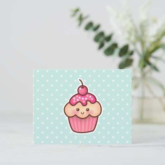 Kawaii Roze Cupcake en Schattigee Mint Blauwe Polk Briefkaart (Staand voorkant)