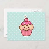 Kawaii Roze Cupcake en Schattigee Mint Blauwe Polk Briefkaart (Voorkant / Achterkant)