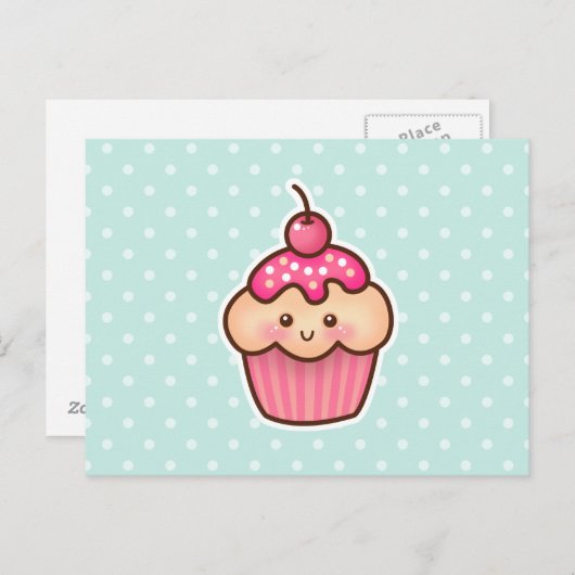 Kawaii Roze Cupcake en Schattigee Mint Blauwe Polk Briefkaart (Voorkant / Achterkant)
