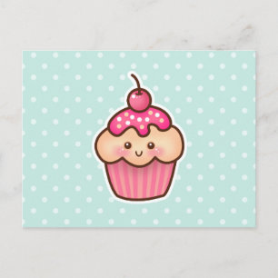 Kawaii Roze Cupcake en Schattigee Mint Blauwe Polk Briefkaart