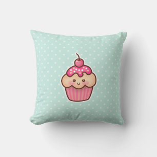 Kawaii Roze Cupcake en Schattigee Mint Blauwe Polk Kussen