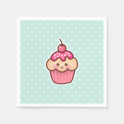 Kawaii Roze Cupcake en Schattigee Mint Blauwe Polk Servet (Voorkant)