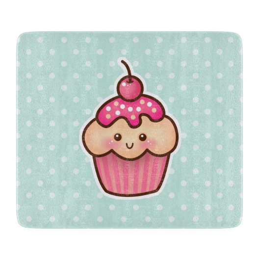 Kawaii Roze Cupcake en Schattigee Mint Blauwe Polk Snijplank (Voorkant)