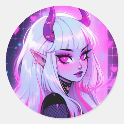 Kawaii roze demon meisje ronde sticker (Voorkant)
