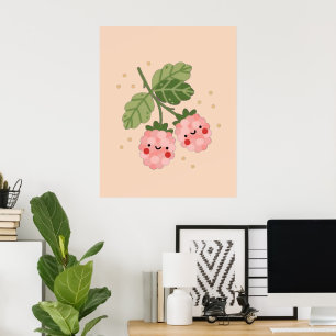 Kawaii Roze Framboos    Schattig Lachend  Poster