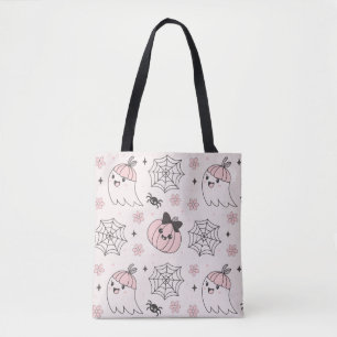 Kawaii Roze Halloween Patroon met Geest, Pompoen Tote Bag