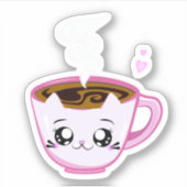 Kawaii roze kat Kopje koffie Sticker (Voorkant)