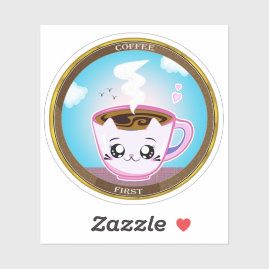 Kawaii roze kattenbeker van koffie. Koffie eerst Sticker (Vel)