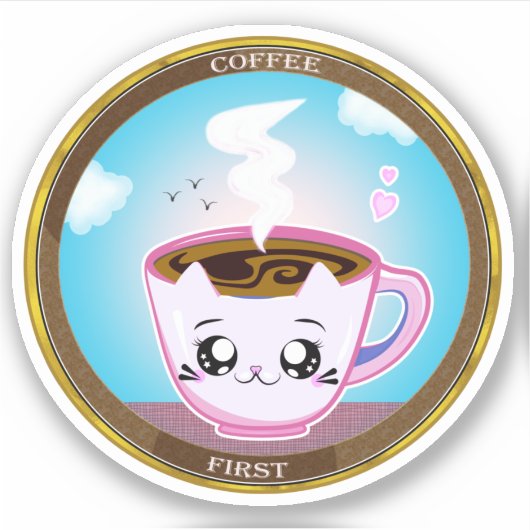 Kawaii roze kattenbeker van koffie. Koffie eerst Sticker (Voorkant)