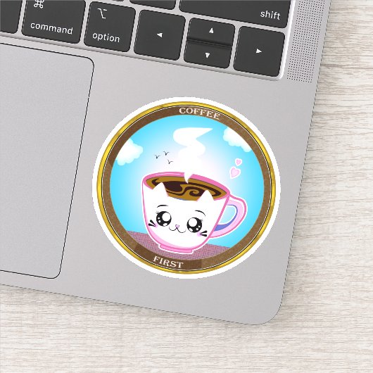 Kawaii roze kattenbeker van koffie. Koffie eerst Sticker (Detail)
