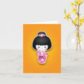 Kawaii (Roze) Kokeshi Kaart (Gele Bloem)
