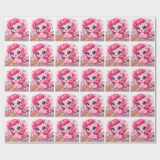 Kawaii Roze Pony Chibi Kunst Inpakpapier (Vlak)