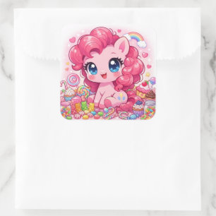 Kawaii Roze Pony Chibi Kunst – Zoete Snoep & Cupca Vierkante Sticker