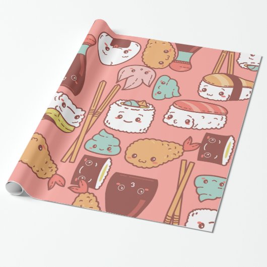 Kawaii roze sushi tempura schattig cadeaupapier (Uitgerold)