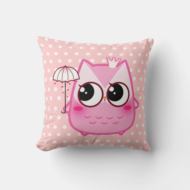 Kawaii roze uil met een leuk paraplu kussen (Voorkant)