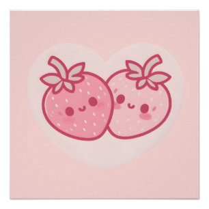Kawaii Roze Valentijnse aardbeien Perfect Poster