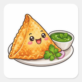 Kawaii Samosa Sticker, Schattig Indiaas Eten Uitge Vierkante Sticker