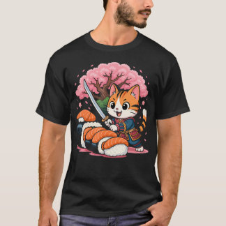 Kawaii Samurai Kat Sushi Grappig Japans Eten T-shirt