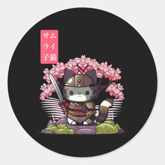 Kawaii Samurai Kitten met Cherry Blossom Japans Ronde Sticker (Voorkant)