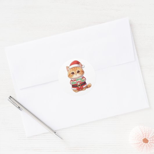 Kawaii Santa Cat Merry Christmas Ronde Sticker (Envelop)