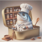 Kawaii Sardine Chef in een Mini Keuken Sticker (Voorkant)