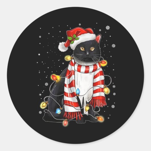 Kawaii Schattige Black Cat Santa verstrikt in Xmas Ronde Sticker (Voorkant)