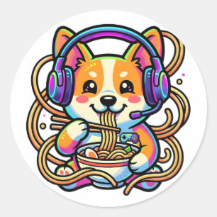 Kawaii Schattige Corgi Gamer Eet Ramen Badge Ronde Sticker