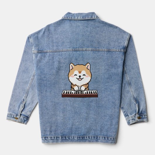Kawaii Schattige Dog Playing Piano Keyboard Denim Jacket (Achterkant)