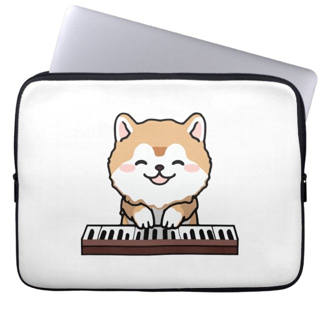 Kawaii Schattige Dog Playing Piano Keyboard Laptop Sleeve (Voorkant)