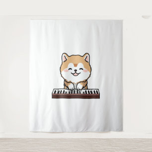 Kawaii Schattige Dog Playing Piano Keyboard Wandkleed