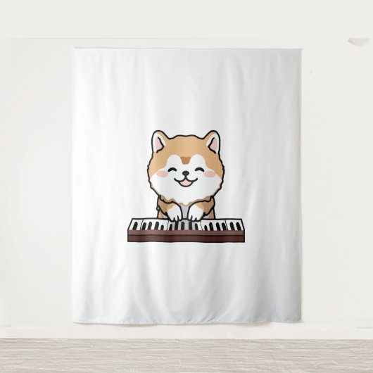 Kawaii Schattige Dog Playing Piano Keyboard Wandkleed (Voorkant)