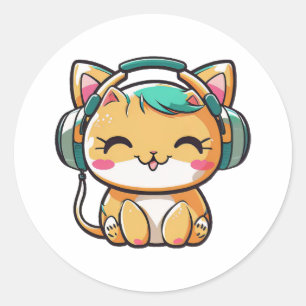 Kawaii Schattige Happy Kleurrijke Kat met Hoofdtel Ronde Sticker