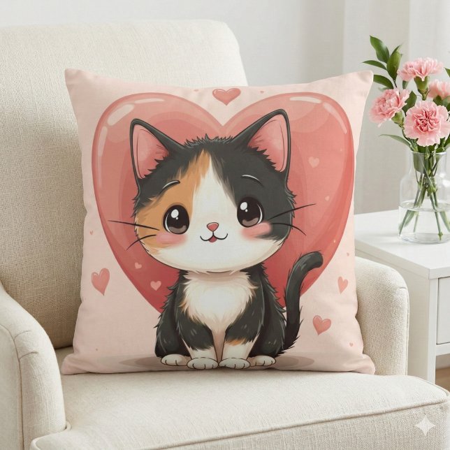 Kawaii Schattige Kat Hart Valentijnsontwerp Kussen (Kawaii Calico Cat Heart Valentine Design 2 Throw Pillow Mockup A )