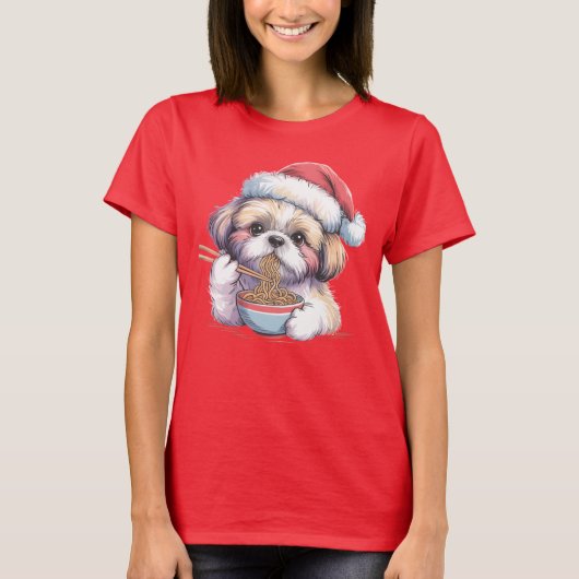 Kawaii Schattige Kerstman Shih Tzu Eet Ramen T-shirt (Voorkant)