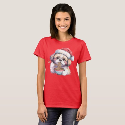 Kawaii Schattige Kerstman Shih Tzu Eet Ramen T-shirt (Voorkant volledig)