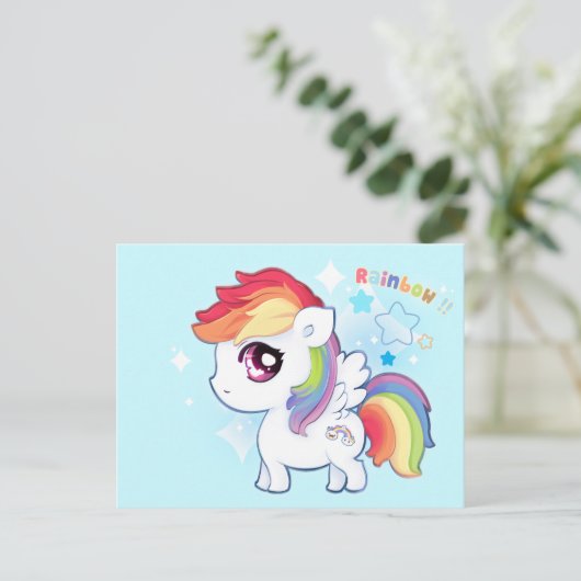 Kawaii schattige regenboog pony met dunne sterren briefkaart (Staand voorkant)