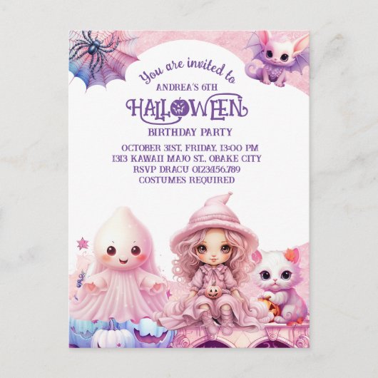 Kawaii Schattige Roze Halloween Verjaardag Uitnodiging Briefkaart (Voorkant)
